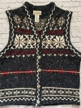St. John's Bay Charcoal Fair Isle Wool Cardigan Vest with Red and Cream Accents